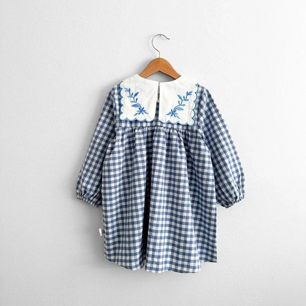 NWT Pretty Girls Long Sleeve Floral Embroidered Bib Collar Dress Gingham 9-12M